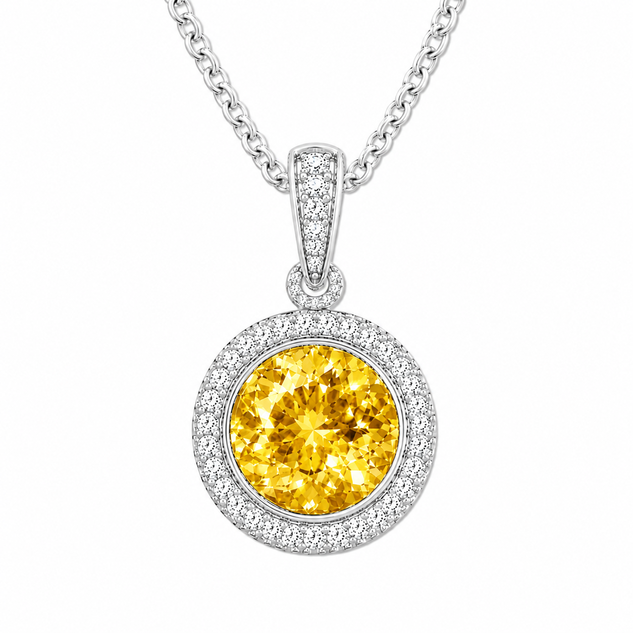 Round yellow sapphire pendant, 6 mm round, crafted in white gold-plated 925 silver with moissanite halo accents. Available now at BSI Jewelry.