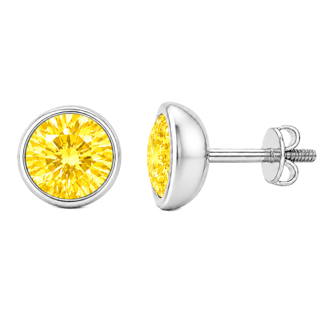 Round yellow sapphire stud earrings, 4 mm round, crafted in white gold-plated 925 silver. Elegant screw-back design for daily wear. Available now at BSI Jewelry.