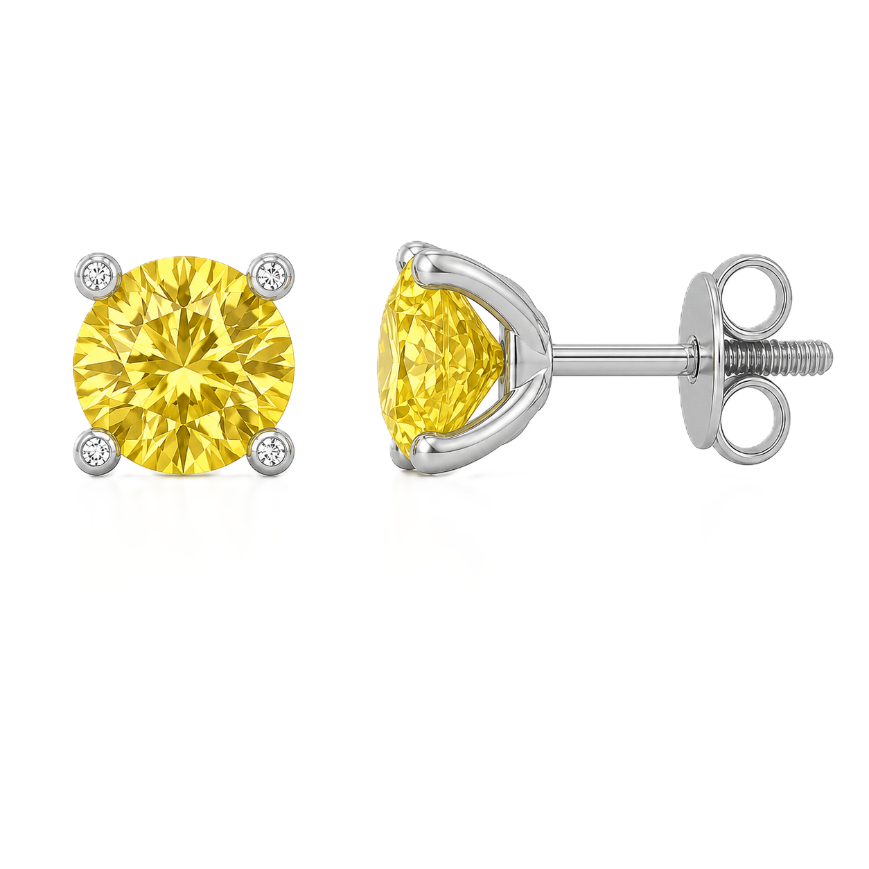 Round yellow sapphire stud earrings with 5 mm stones and moissanite prongs in white gold plated 925 silver. Available now at BSI Jewelry.