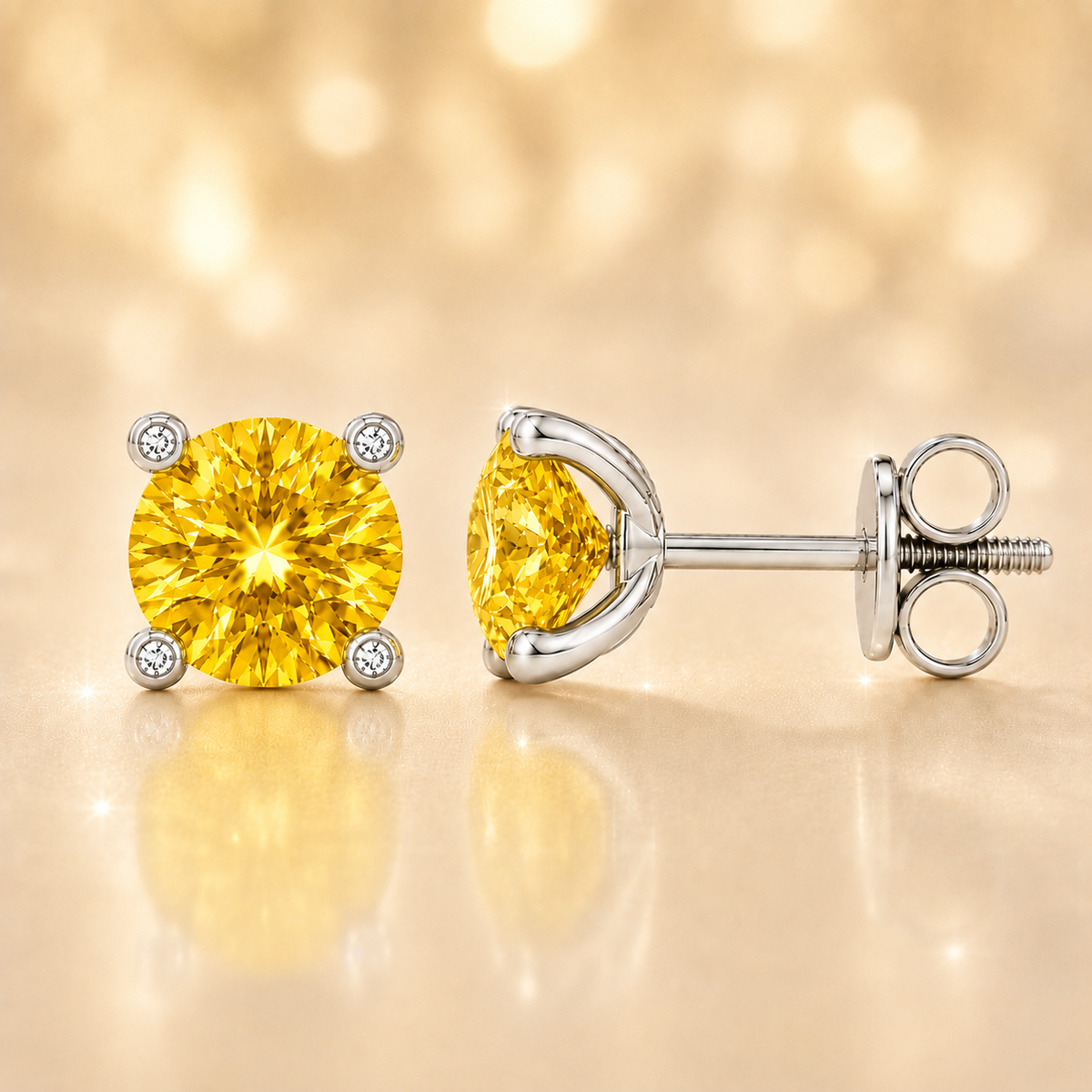 Round yellow sapphire stud earrings with 5 mm stones and moissanite prongs in white gold plated 925 silver. Available now at BSI Jewelry.