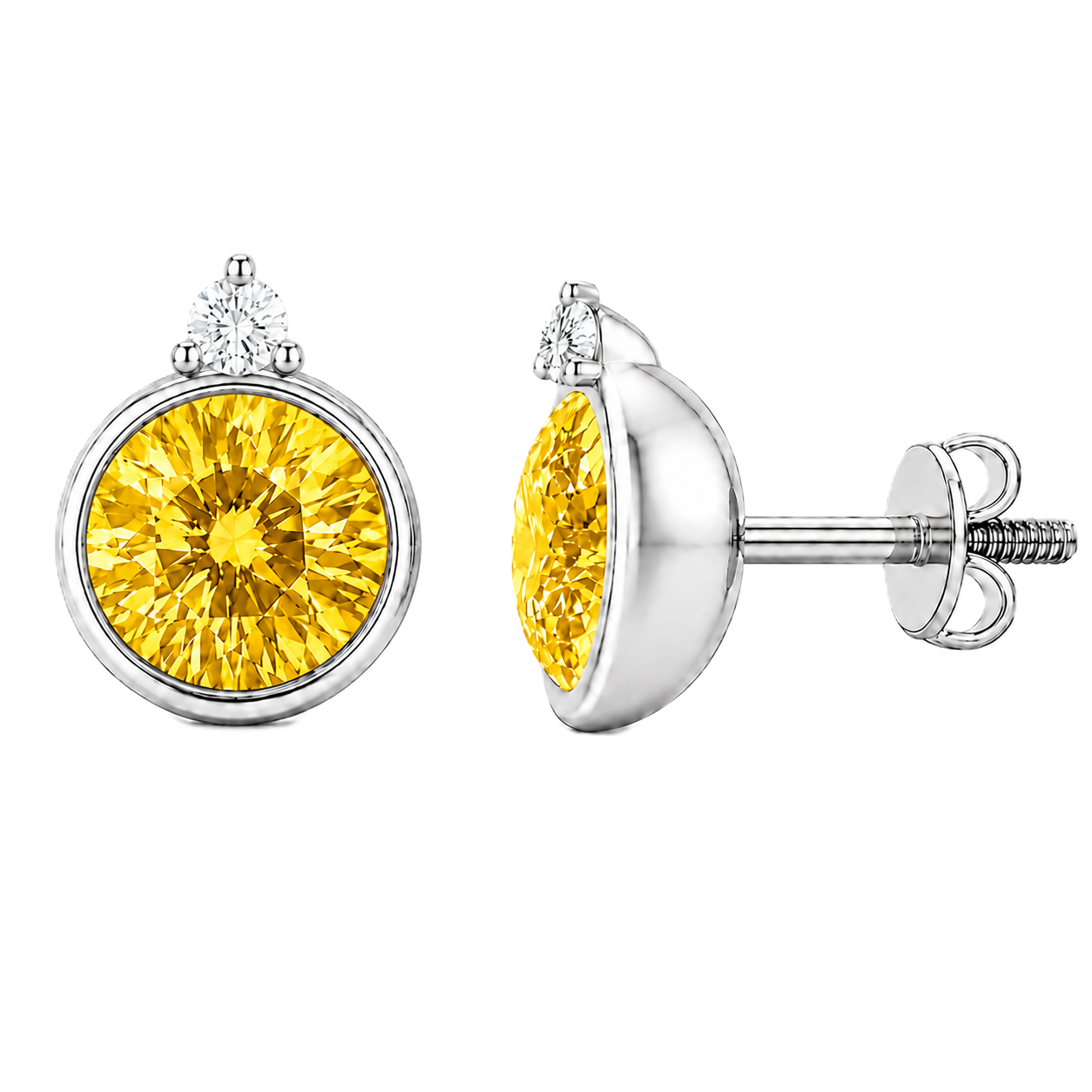 Yellow sapphire stud earrings, 5 mm round, crafted in white gold-plated 925 silver. Bright and hypoallergenic. Available now at BSI Jewelry.