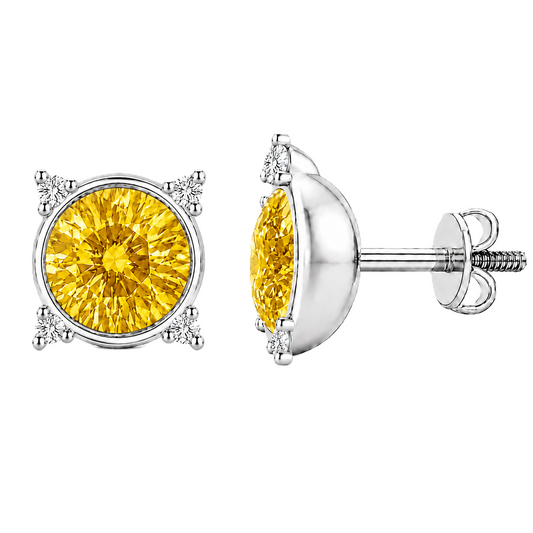 Round yellow sapphire stud earrings with moissanite accents in white gold-plated 925 silver. Bright and hypoallergenic. Available now at BSI Jewelry.