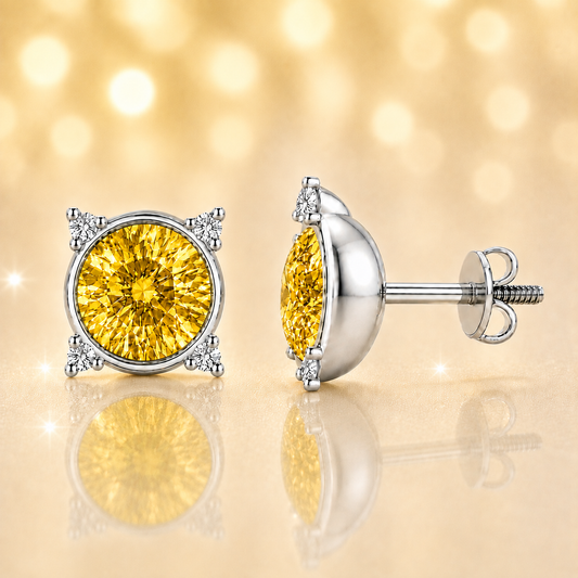 Round yellow sapphire stud earrings with moissanite accents in white gold-plated 925 silver. Bright and hypoallergenic. Available now at BSI Jewelry.