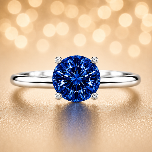 6 mm round blue sapphire engagement ring in white gold-plated 925 silver. Royal, hypoallergenic, and elegant. Available now at BSI Jewelry.