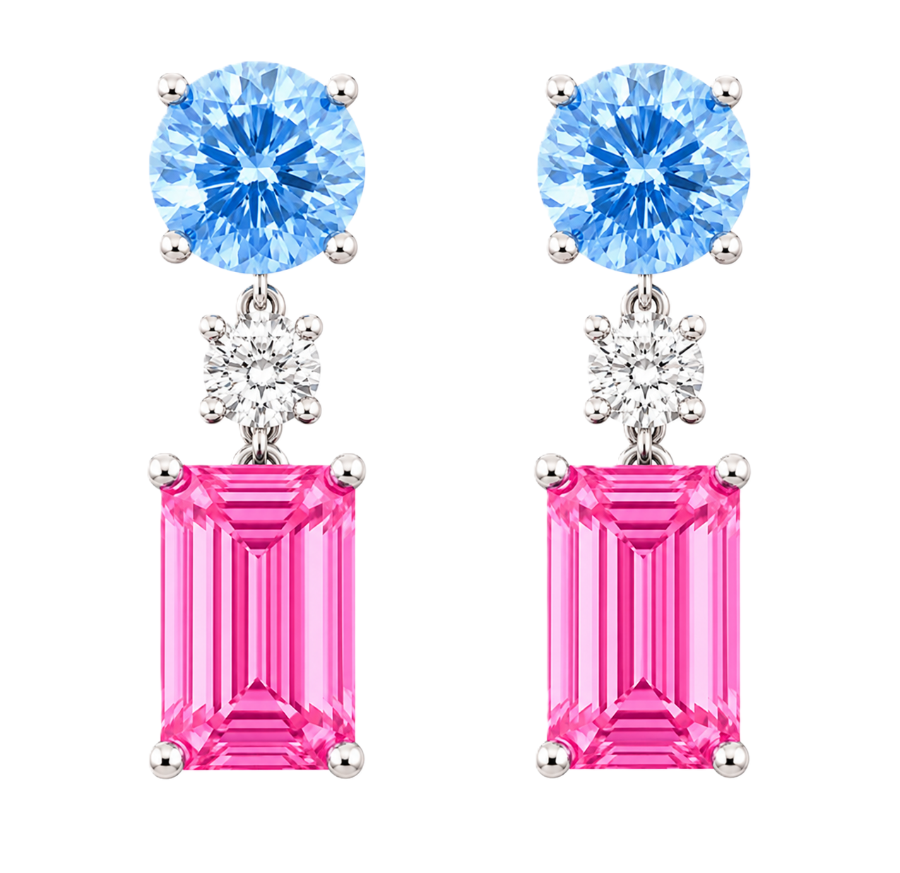 Sapphire drop earrings with 5mm round and 6×3mm emerald cuts, crafted in white gold-plated 925 silver. Elegant and colorful. Available now at BSI Jewelry.