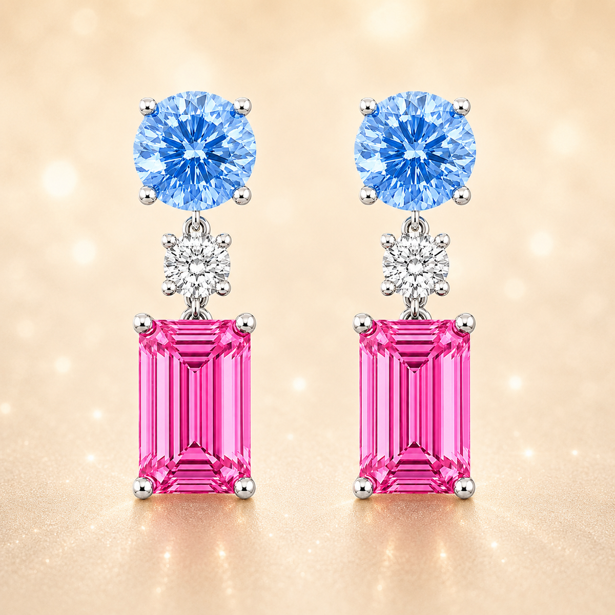 Sapphire drop earrings with 5mm round and 7x5mm emerald cuts, crafted in white gold-plated 925 silver. Elegant and colorful. Available now at BSI Jewelry.