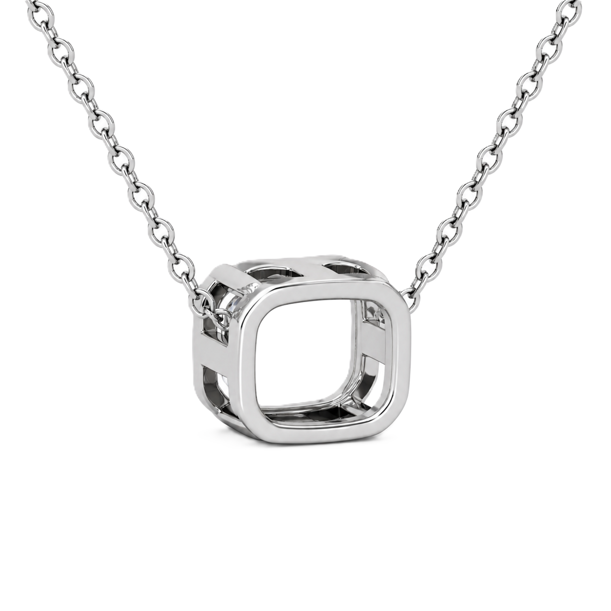 Cushion moissanite necklace, 10 mm cushion, crafted in white gold-plated 925 silver. Hypoallergenic and elegant for daily wear. Available now at BSI Jewelry.