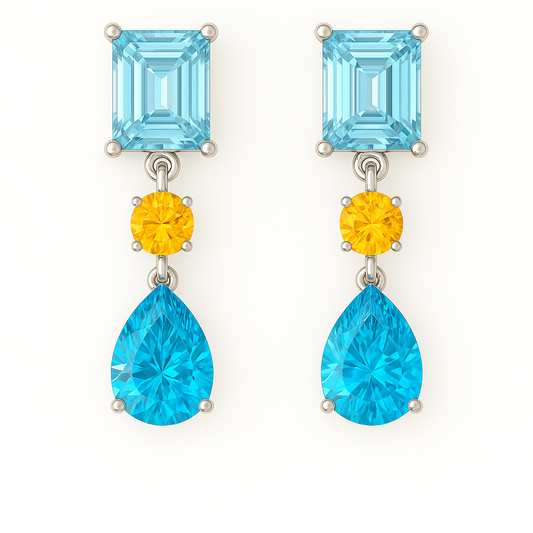 Sky Blue Topaz & Citrine Stud Earrings, emerald and pear cuts, crafted in white gold-plated 925 silver. Refined and hypoallergenic. Available now at BSI Jewelry