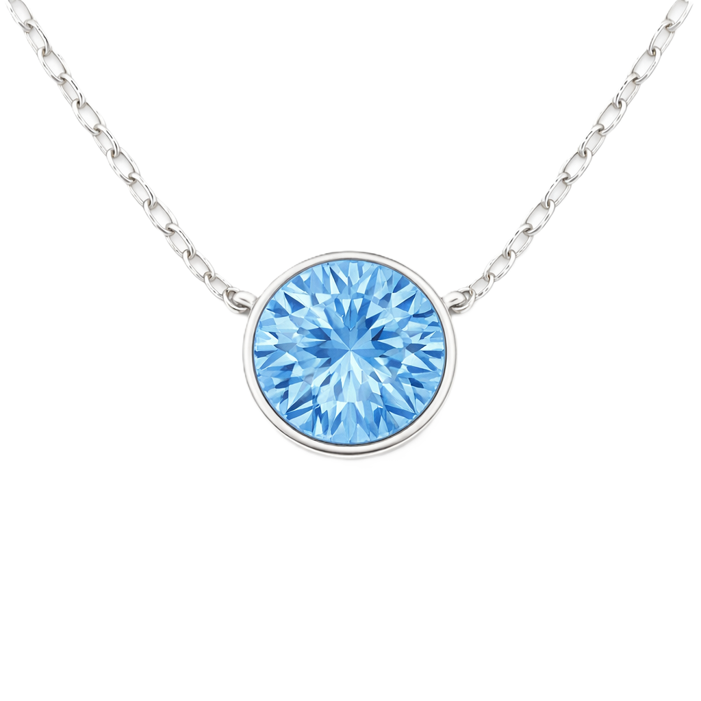 Sky blue topaz necklace with a 6 mm round in white gold-plated 925 silver. Elegant, hypoallergenic, and refined for daily wear. Available now at BSI Jewelry.