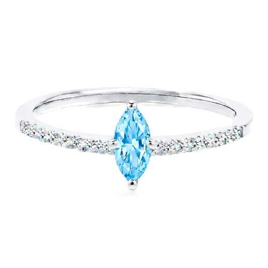 Sky blue topaz ring with an 8×4 mm marquise-cut stone, accented by moissanite in white gold-plated 925 silver. Fresh and elegant. Available now at BSI Jewelry.