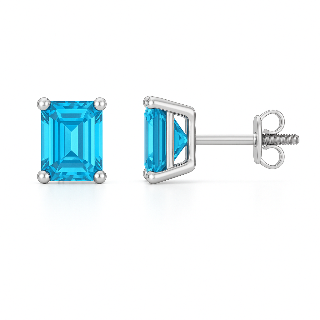 Radiant sky blue topaz stud earrings with 6×4 mm emerald gemstones in white gold-plated 925 silver. Finely crafted and hypoallergenic. Available at BSI Jewelry.