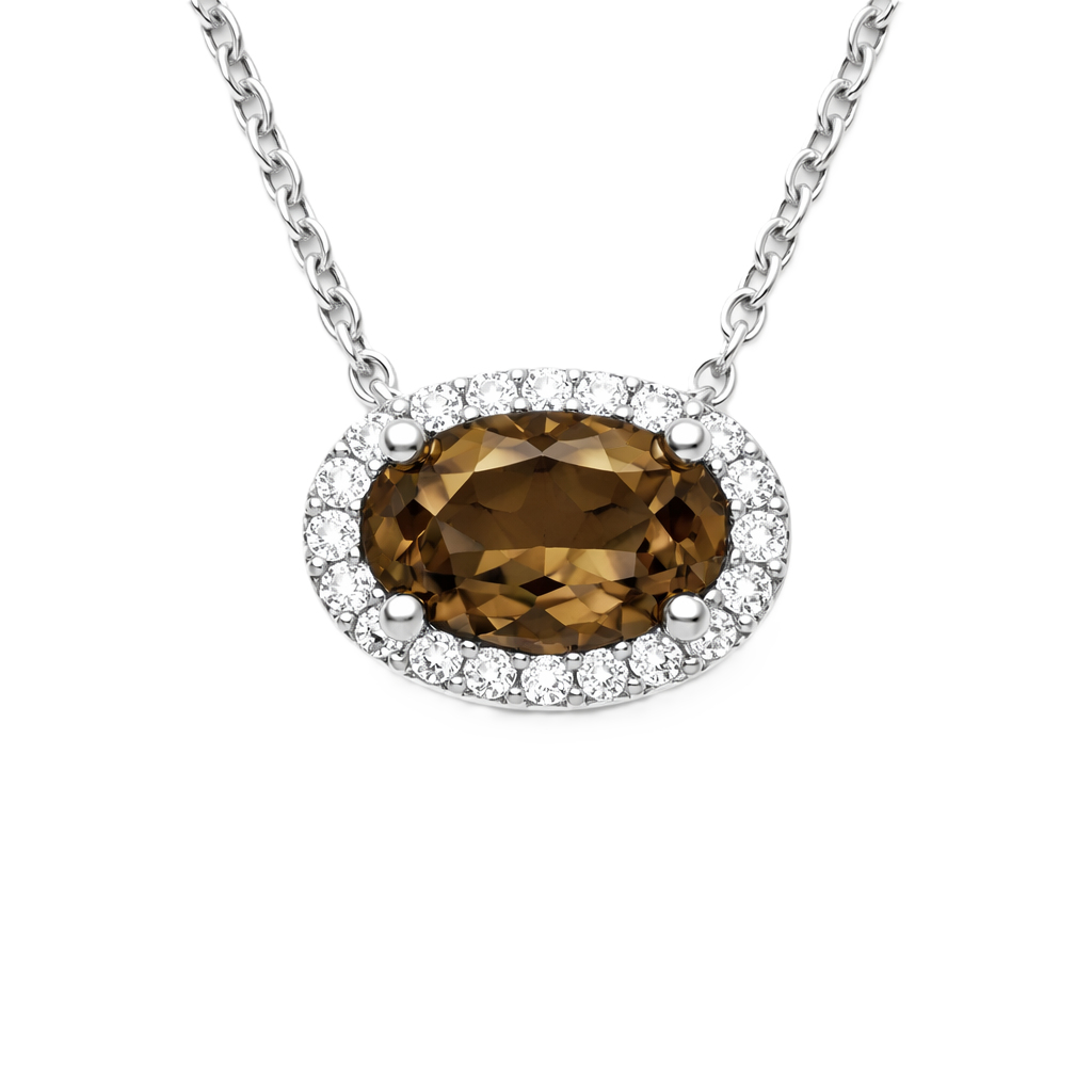 Smoky quartz necklace with 8×5 mm oval gemstone in white gold-plated 925 silver, accented with moissanite. Warm and elegant. Available now at BSI Jewelry.