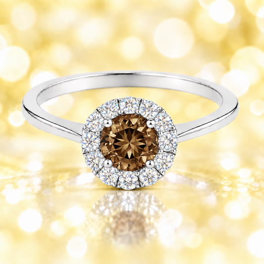 Smoky quartz ring with a 4.50 mm round-cut in white gold-plated 925 silver, accented with moissanite for elegant warm brilliance. Available now at BSI Jewelry.