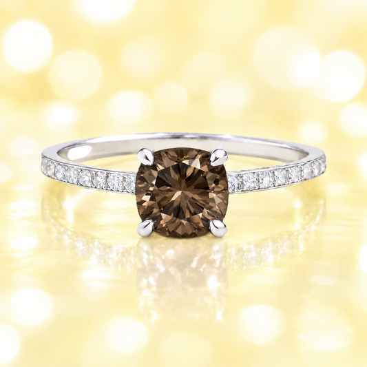 Smoky quartz ring with a 6 mm cushion in white gold-plated 925 silver, accented with moissanite. Fresh and elegant for daily wear. Available now at BSI Jewelry.