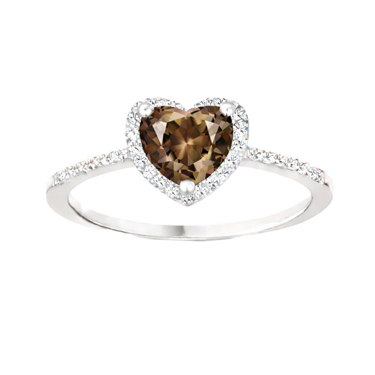 Smoky quartz ring with a 6 mm heart cut, crafted in white gold-plated 925 silver and accented with moissanite. Available now at BSI Jewelry.