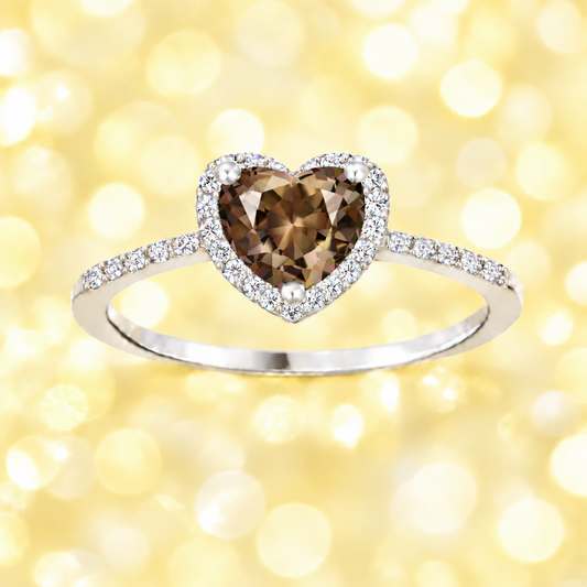 Smoky quartz ring with a 6 mm heart cut, crafted in white gold-plated 925 silver and accented with moissanite. Available now at BSI Jewelry.