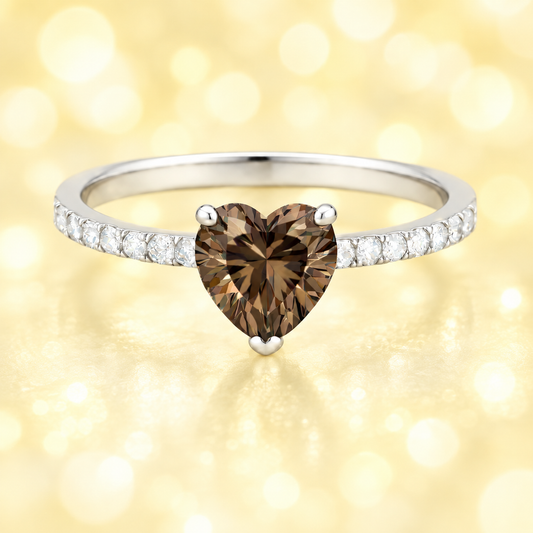 Smoky quartz ring with a 6 mm heart in white gold-plated 925 silver, with moissanite. Romantic and elegant for daily wear. Available now at BSI Jewelry.