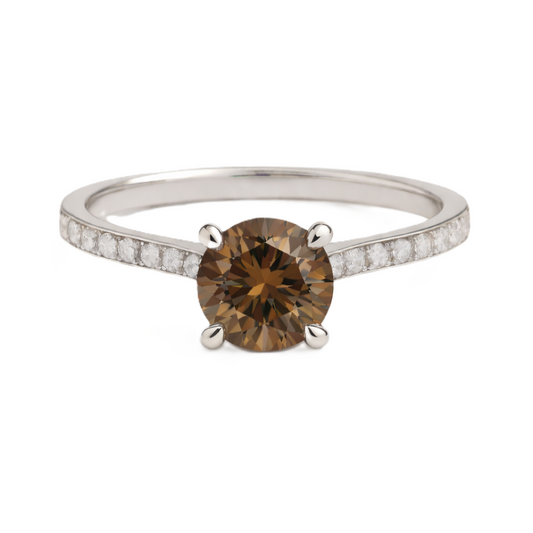 Smoky quartz ring with a 6 mm round-cut and moissanite accents, crafted in white gold-plated 925 silver. Elegant for daily wear. Available now at BSI Jewelry.