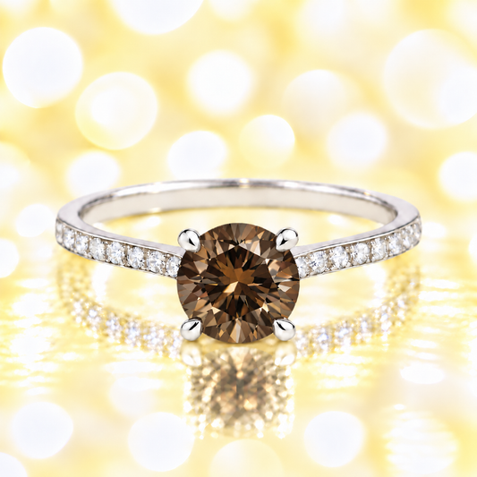 Smoky quartz ring with a 6 mm round-cut and moissanite accents, crafted in white gold-plated 925 silver. Elegant for daily wear. Available now at BSI Jewelry.