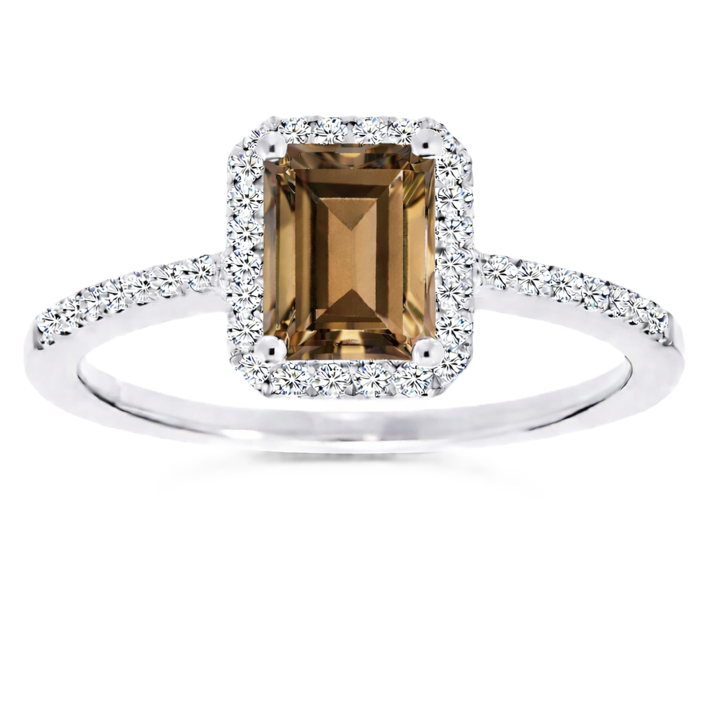 Smoky quartz ring with a 7×5 mm emerald cut, with moissanite in white gold-plated 925 silver. Elegant and timeless for daily wear. Available now at BSI Jewelry.