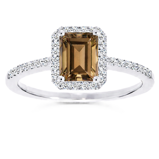 Smoky quartz ring with a 7×5 mm emerald cut, with moissanite in white gold-plated 925 silver. Elegant and timeless for daily wear. Available now at BSI Jewelry.