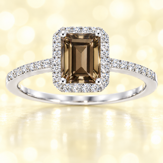 Smoky quartz ring with a 7×5 mm emerald cut, with moissanite in white gold-plated 925 silver. Elegant and timeless for daily wear. Available now at BSI Jewelry.