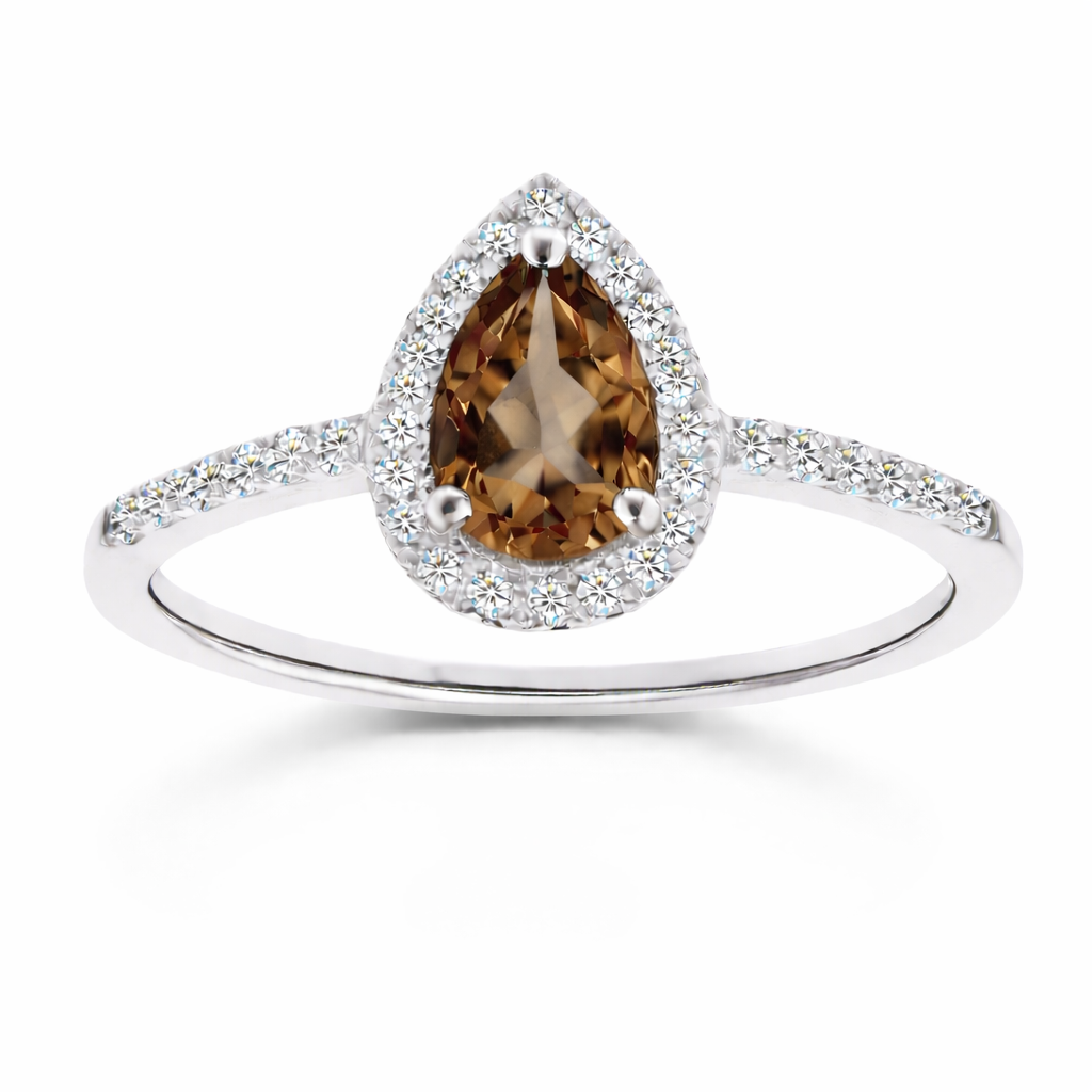 Smoky quartz ring with a 7×5 mm pear cut, with moissanite in white gold-plated 925 silver. Elegant and timeless for daily wear. Available now at BSI Jewelry.