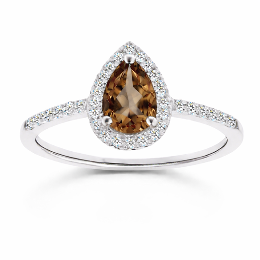 Smoky quartz ring with a 7×5 mm pear cut, with moissanite in white gold-plated 925 silver. Elegant and timeless for daily wear. Available now at BSI Jewelry.