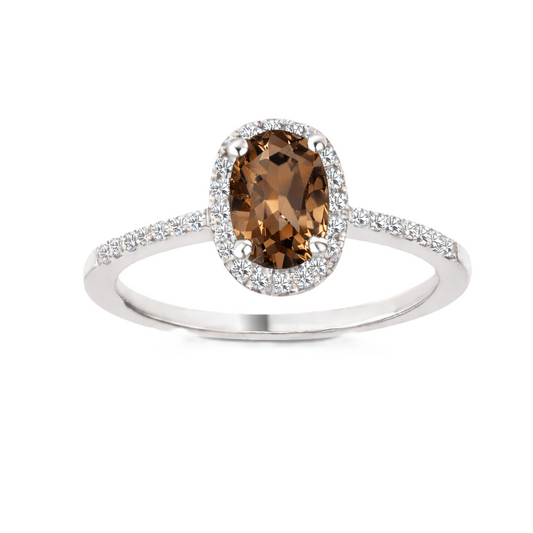 Smoky quartz ring with a 7×5 mm oval cut in white gold-plated 925 silver, with moissanite. Elegant and refined for daily wear. Available now at BSI Jewelry.