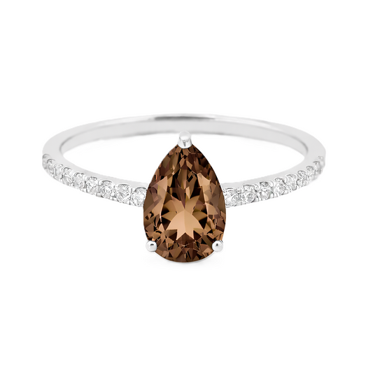 Smoky quartz ring with a 7×5 mm pear-cut stone and moissanite accents in white gold plated 925 silver. Elegant for daily wear. Available now at BSI Jewelry.