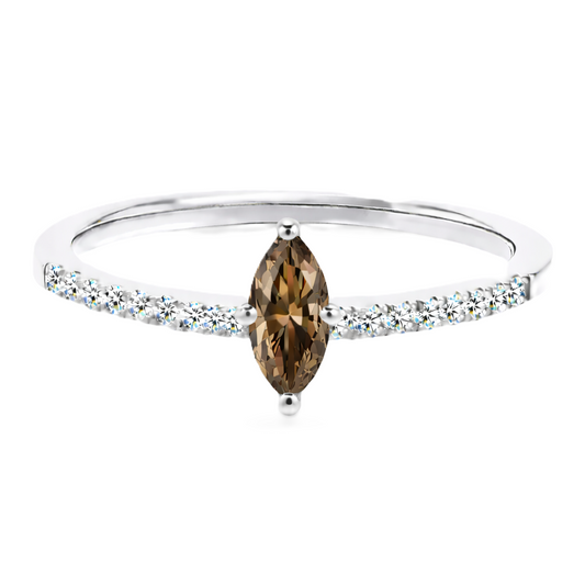 Smoky quartz ring with an 8×4 mm marquise-cut stone, accented by moissanite in white gold-plated 925 silver. Warm and elegant. Available now at BSI Jewelry.