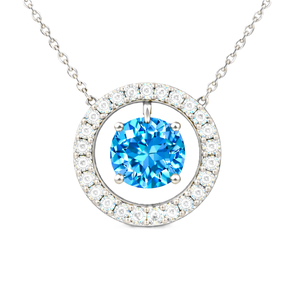 Swiss blue topaz necklace with a 6 mm round gemstone and moissanite halo in white gold-plated 925 silver. Elegant and radiant. Available now at BSI Jewelry.