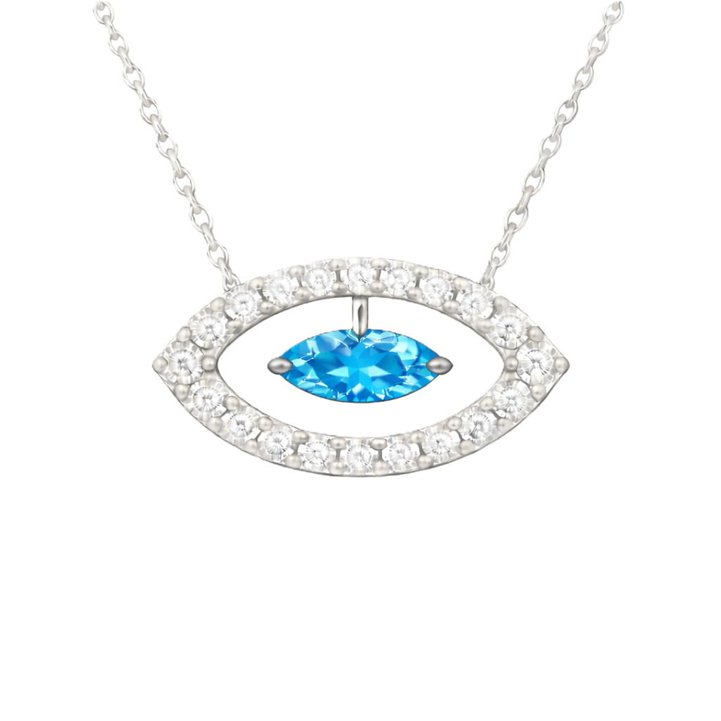 Swiss blue topaz necklace with a 7×3.5 mm marquise-cut stone in white gold-plated 925 silver, accented with moissanite. Available now at BSI Jewelry.