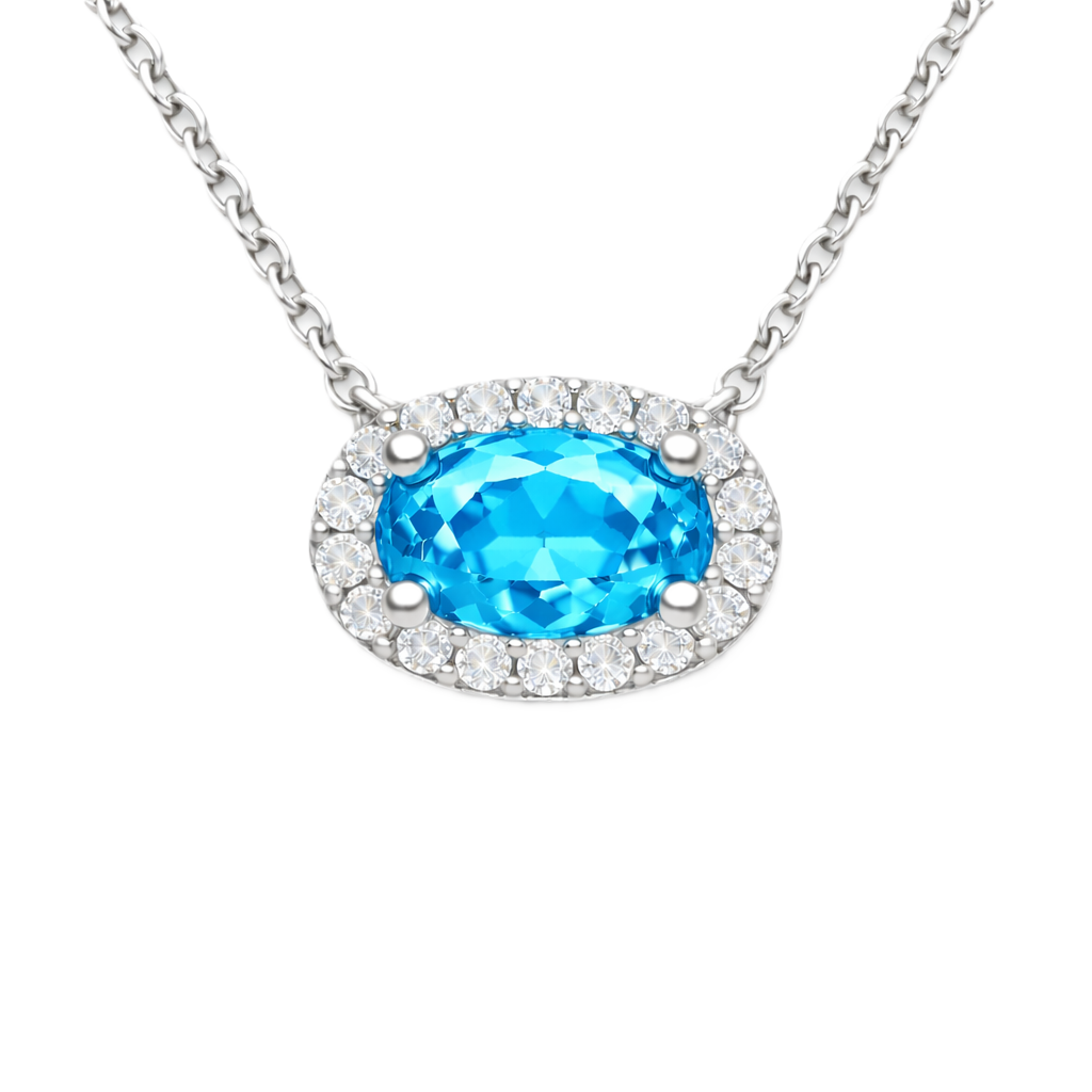 Swiss blue topaz necklace with a 7×4 mm oval in white gold-plated 925 silver, with moissanite. Elegant and refined for daily wear. Available now at BSI Jewelry.