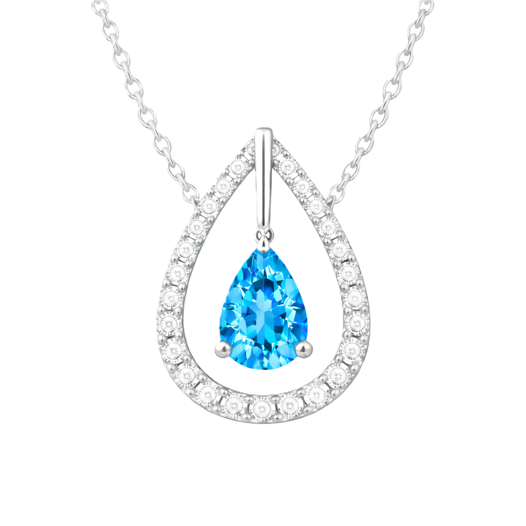 Swiss blue topaz necklace with a 7×5 mm pear-cut in white gold-plated 925 silver, accented by a moissanite halo. Elegant and refined. Available now at BSI Jewelry