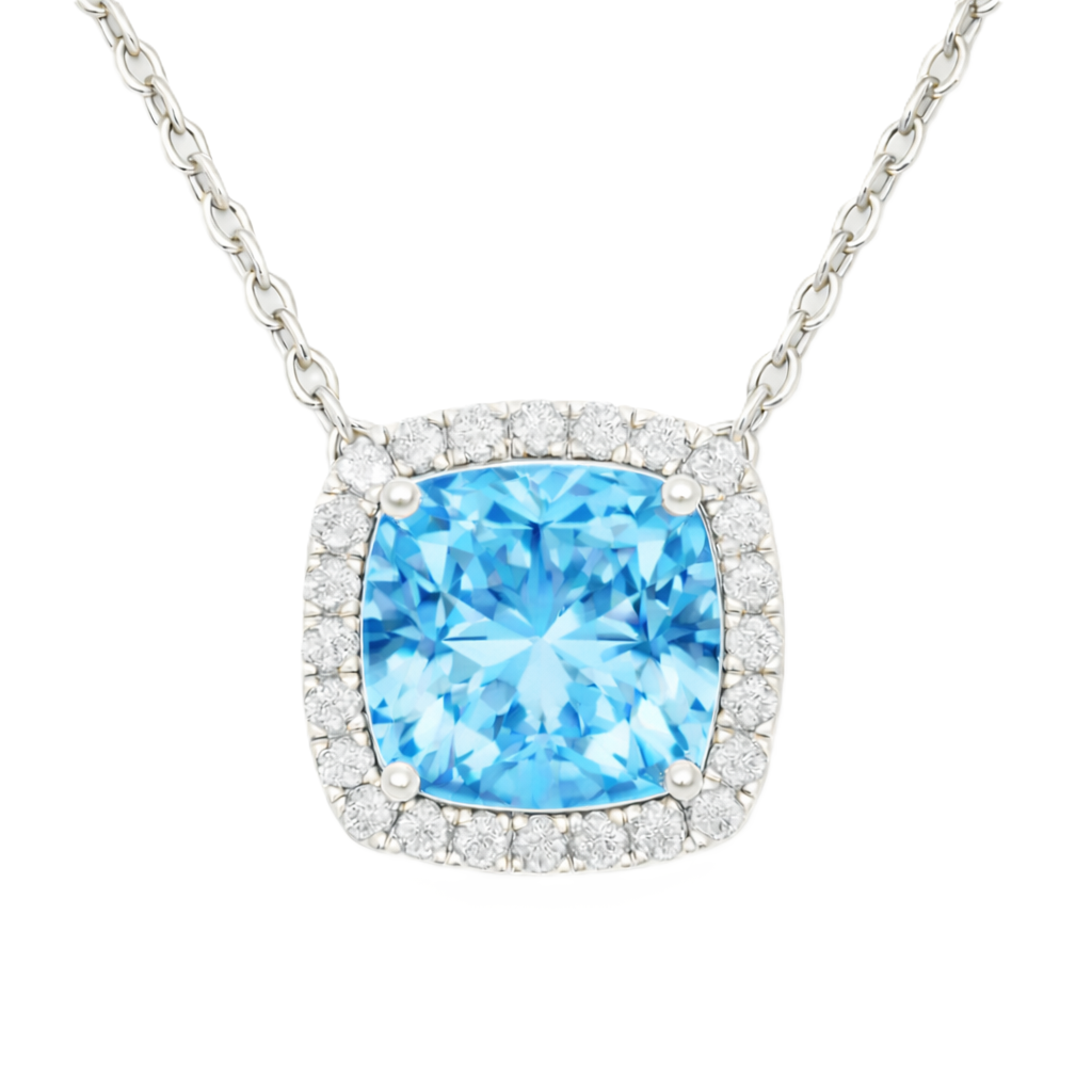 Swiss blue topaz necklace with an 8 mm cushion in white gold-plated 925 silver, accented with moissanite. Elegant for daily wear. Available now at BSI Jewelry.