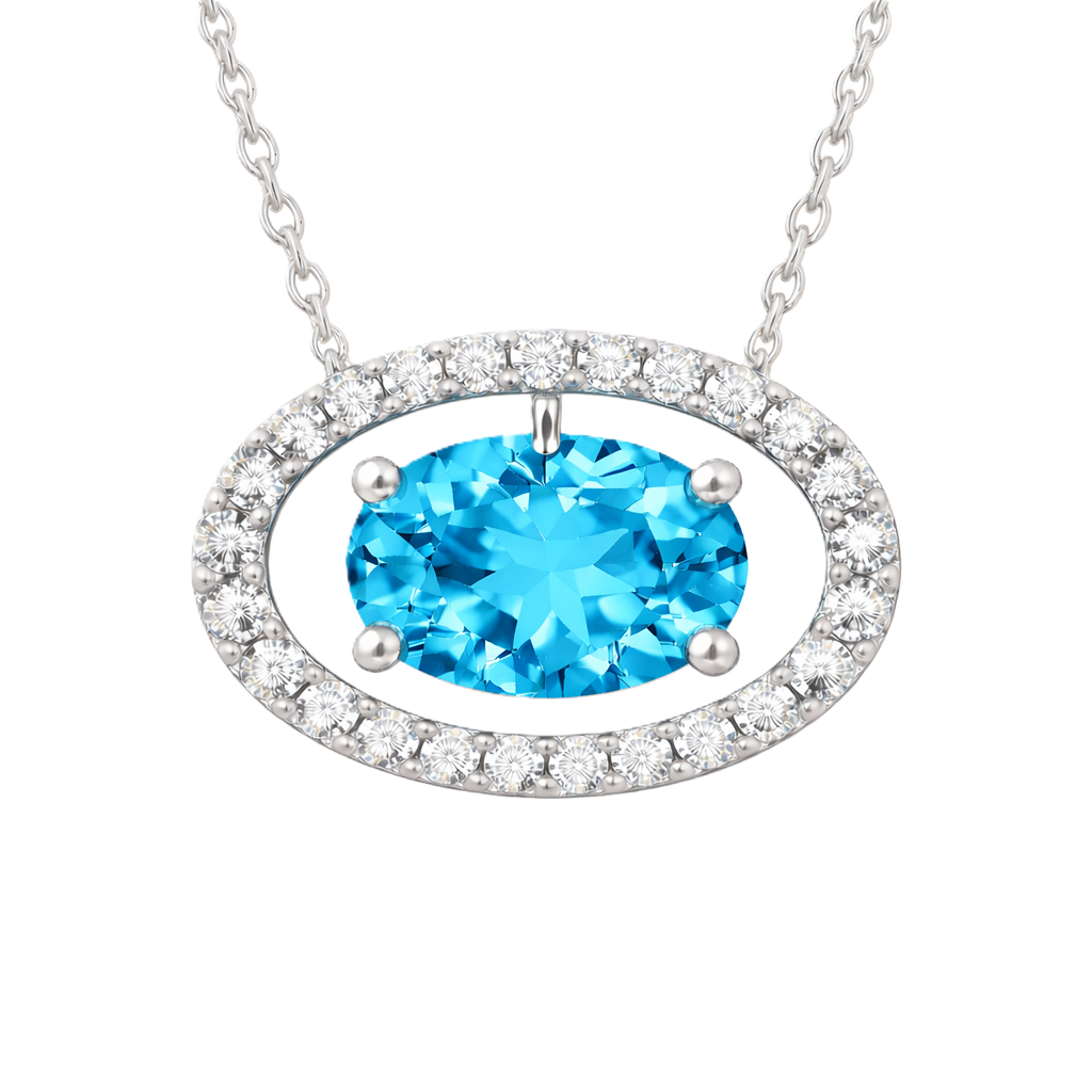 Swiss blue topaz necklace with an 8×5 mm oval in white gold-plated 925 silver, accented with moissanite. Elegant for daily wear. Available now at BSI Jewelry.