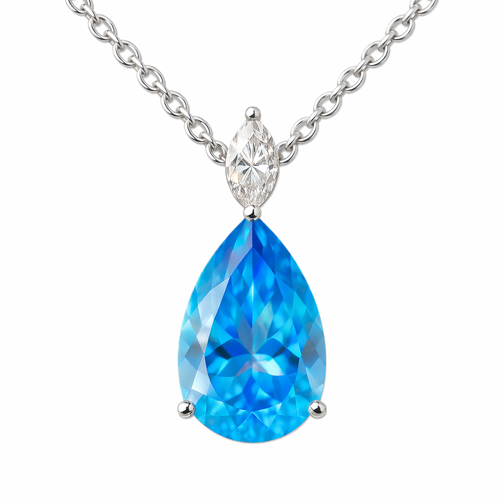 Swiss blue topaz pendant with a 12×8 mm pear-cut gemstone in white gold-plated 925 silver, with moissanite. Elegant for daily wear. Available now at BSI Jewelry.