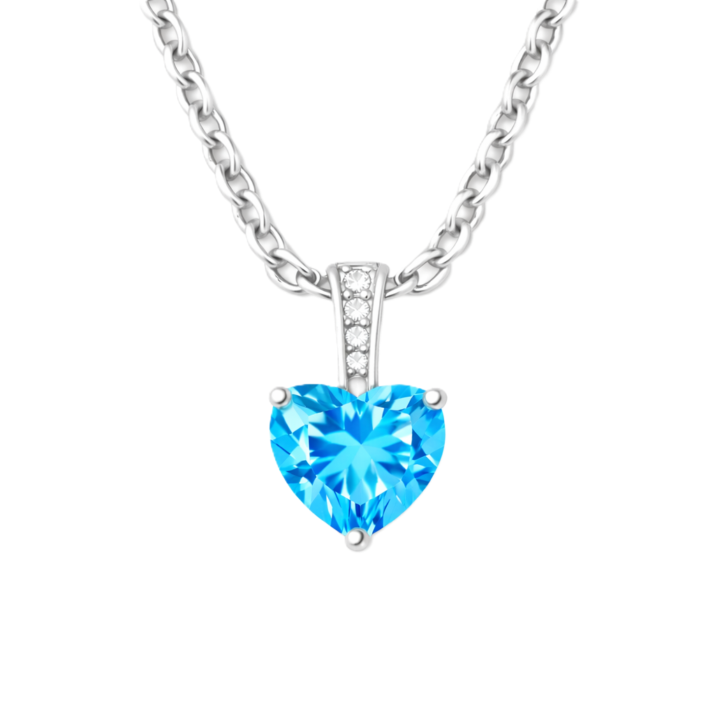 Swiss blue topaz pendant with a 6 mm heart gemstone in white gold-plated 925 silver. Cool, radiant, and elegant for daily wear. Available now at BSI Jewelry.