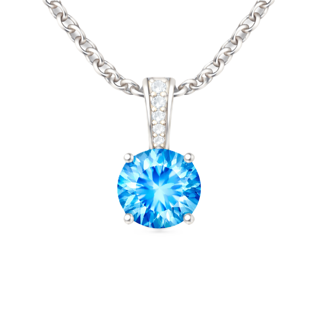 Swiss blue topaz pendant with a 6 mm round cut, set in white gold-plated 925 silver. Bright, fresh, and elegant for daily wear. Available now at BSI Jewelry.