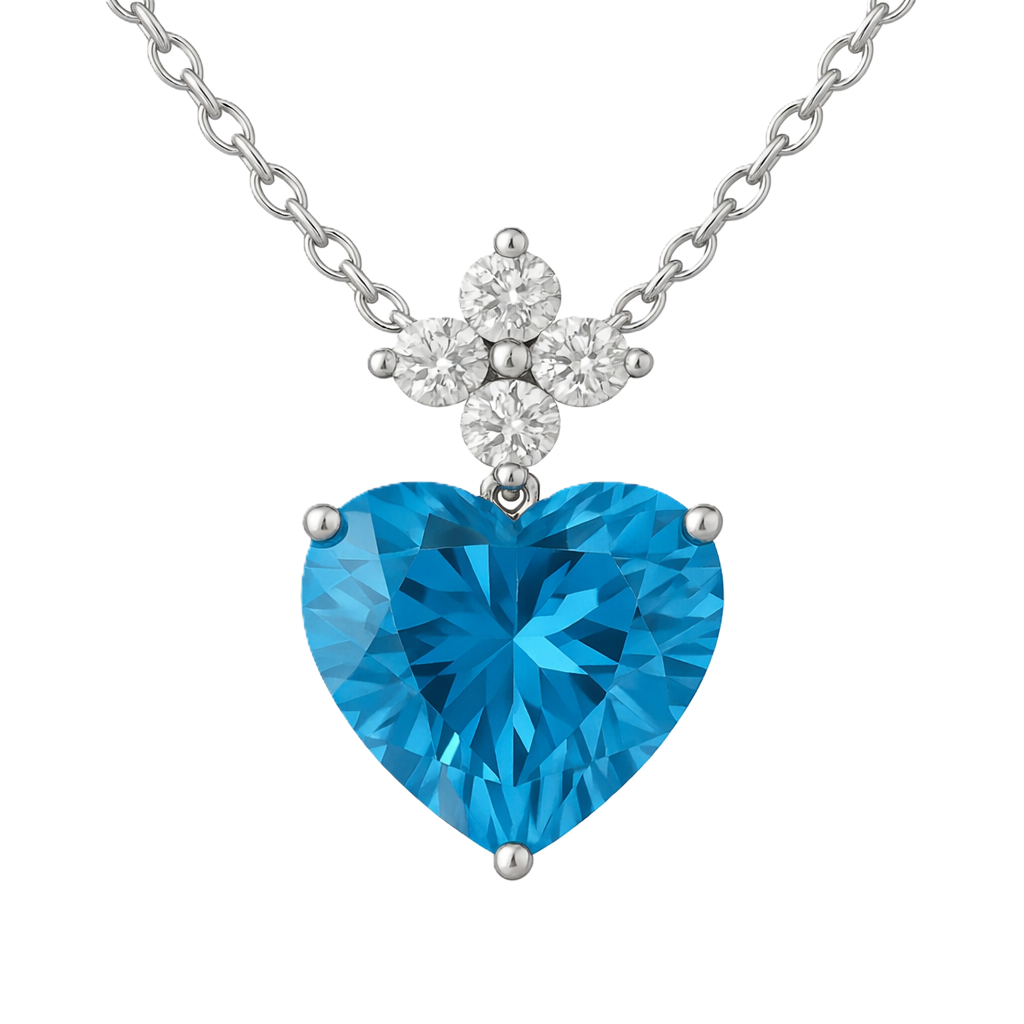 Elegant 7mm heart-cut Swiss Blue Topaz pendant with Moissanite accents in white-gold-plated 925 silver. Timeless and ocean-blue charm. Available at BSI Jewelry.