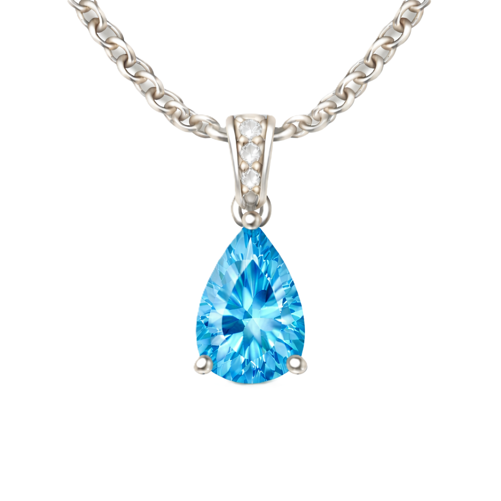 Swiss blue topaz pendant with an 8×5 mm pear cut, crafted in white gold-plated 925 silver. Vivid and elegant for daily wear. Available now at BSI Jewelry.