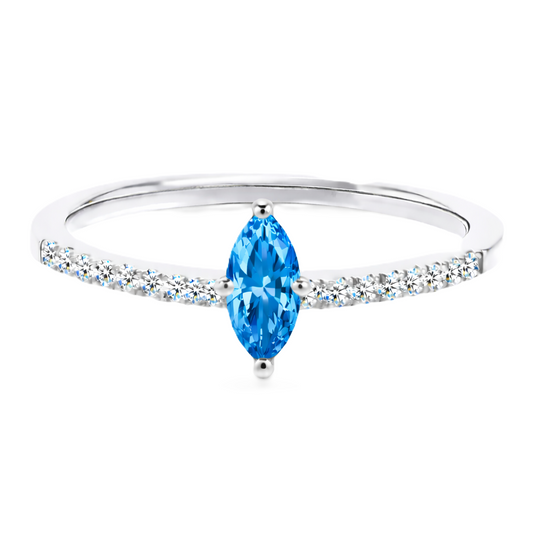Swiss blue topaz ring with an 8×4 mm marquise-cut stone, accented by moissanite in white gold-plated 925 silver. Fresh and vibrant. Available now at BSI Jewelry.