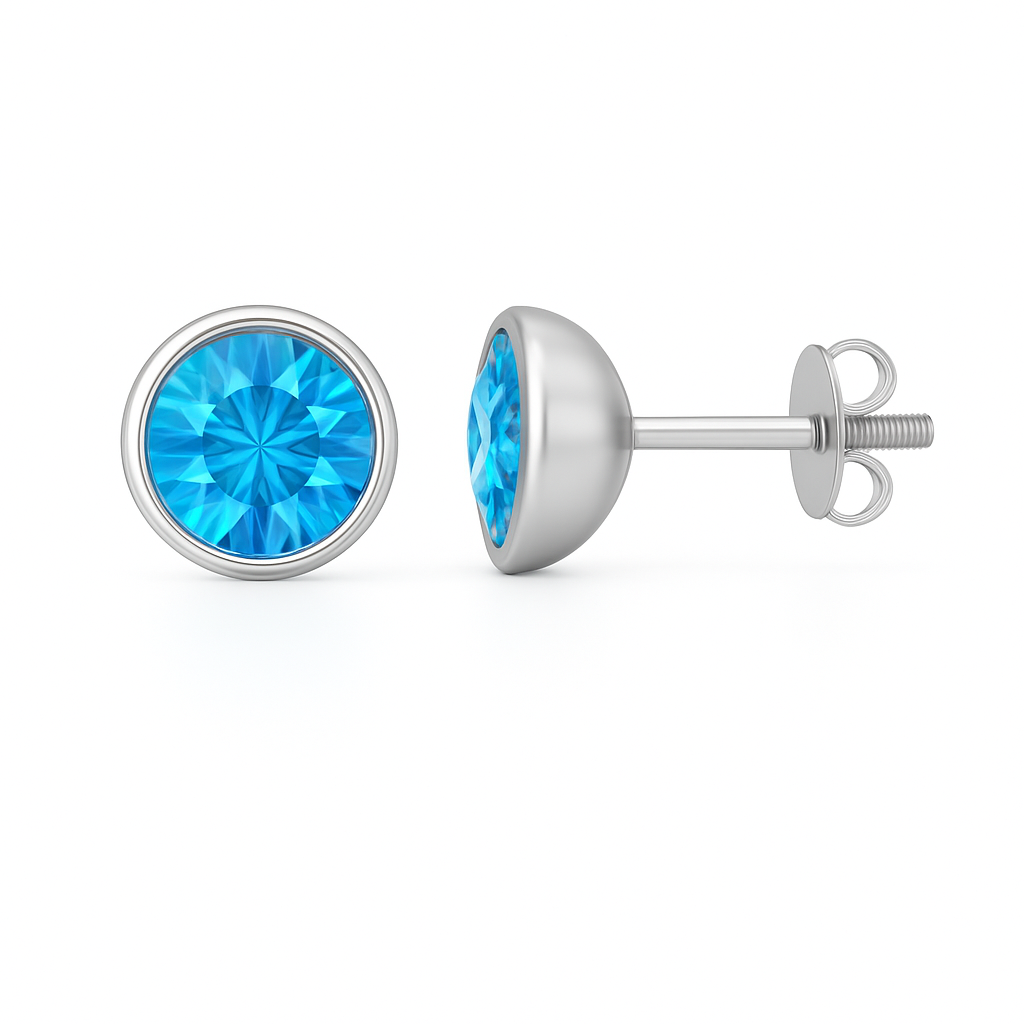 Vibrant Swiss Blue Topaz stud earrings in white gold-plated 925 silver with bezel setting. Brilliance and hypoallergenic, safe to wear. Available at BSI Jewelry.
