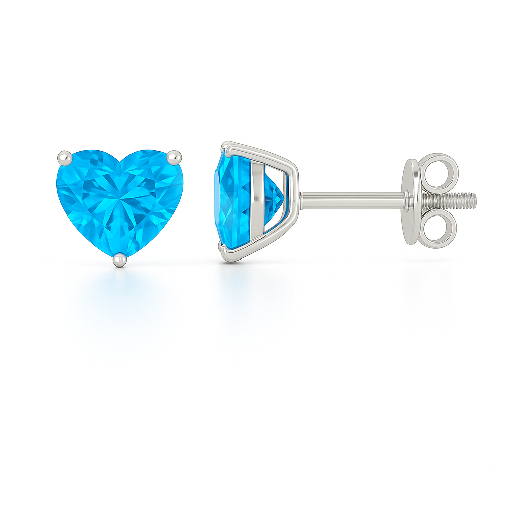Swiss blue topaz stud earrings, 6 mm heart cut, in white gold-plated 925 silver with palladium alloy. Timeless and hypoallergenic. Available now at BSI Jewelry.