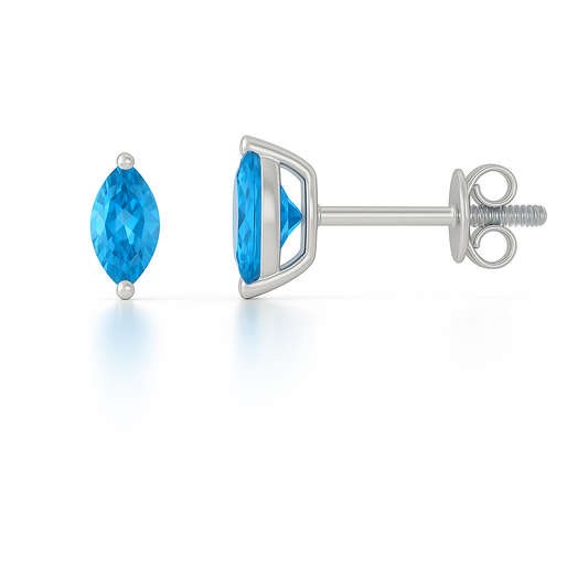 Swiss blue topaz stud earrings in 6×3 mm marquise cut, crafted in white gold-plated 925 silver. Hypoallergenic and elegant for daily wear. Available now at BSI Jewelry.