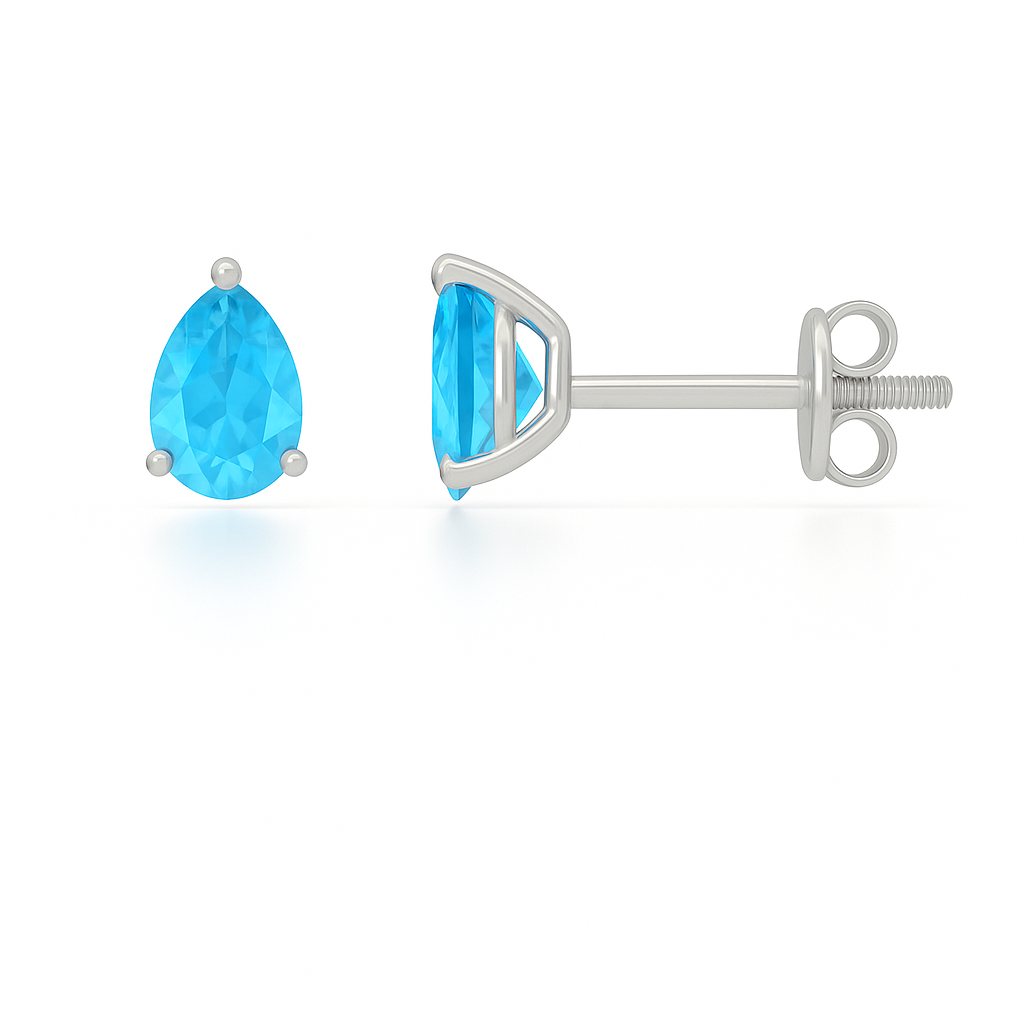 Swiss blue topaz stud earrings, 6×4 mm pear cut, in white gold-plated 925 silver with palladium alloy. Radiant and hypoallergenic. Available now at BSI Jewelry.