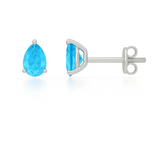 Swiss blue topaz stud earrings, 6×4 mm pear cut, in white gold-plated 925 silver with palladium alloy. Radiant and hypoallergenic. Available now at BSI Jewelry.