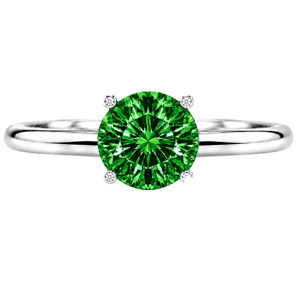 6 mm round green sapphire engagement ring in white gold-plated 925 silver. Vibrant, hypoallergenic, and elegant. Available now at BSI Jewelry.