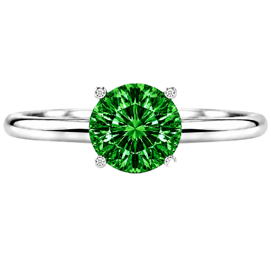 6 mm round green sapphire engagement ring in white gold-plated 925 silver. Vibrant, hypoallergenic, and elegant. Available now at BSI Jewelry.